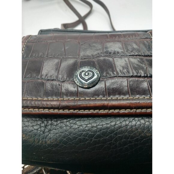 Vintage Black Brighton Leather Crossbody Bag With Brown Croc Embossed Flap & Adj - Picture 13 of 16